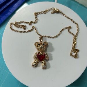 Gold  laminate Teddy Bear Pendant Necklace with Red Heart